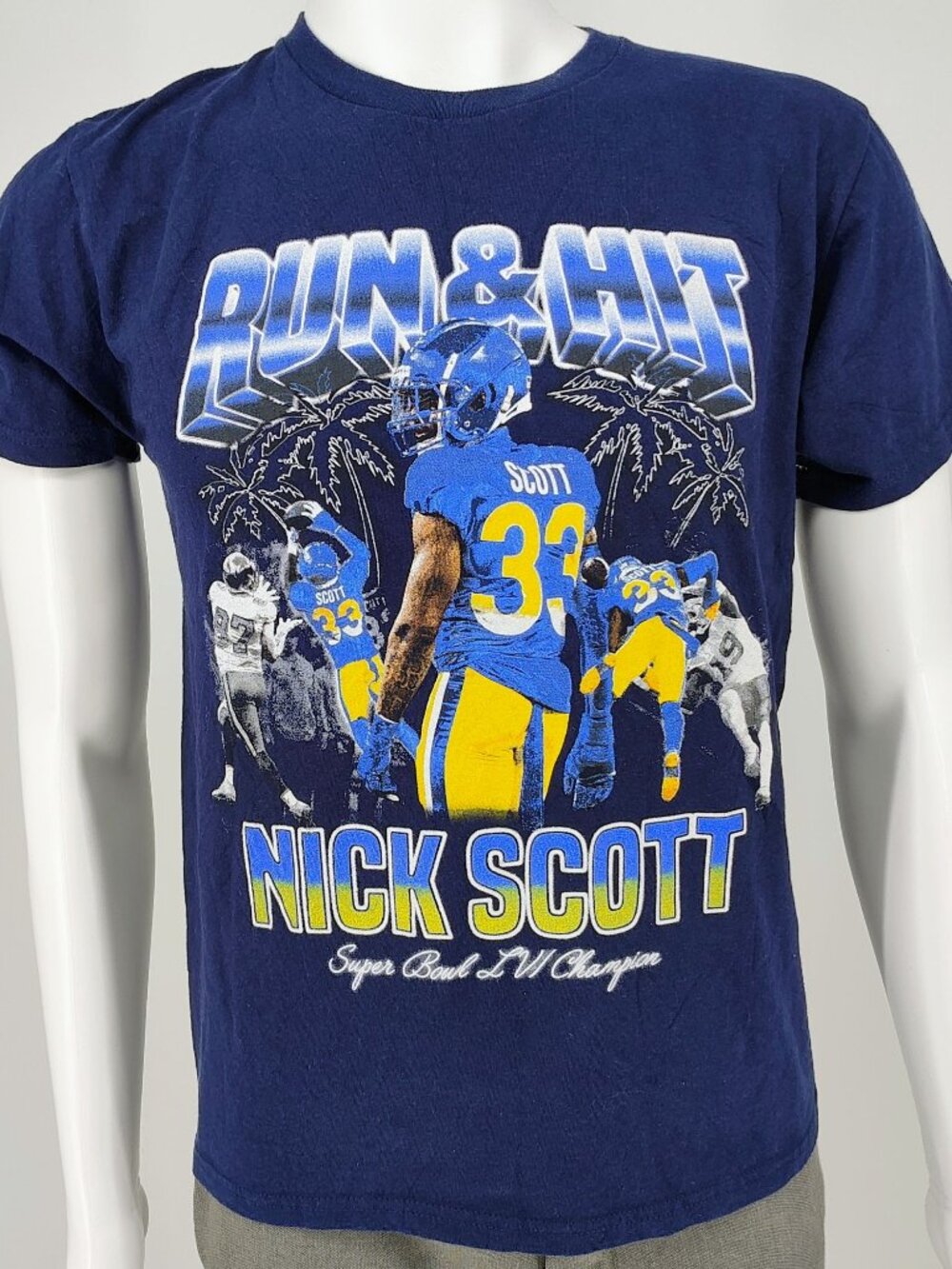 Run & Hit Nick Scott Super Bowl LVI Champion Rams Navy Graphic T-Shirt (Youth L)
